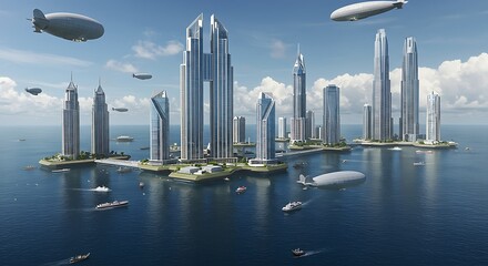 Naklejka premium Futuristic Coastal Metropolis: Skyscrapers and Airships in a Serene Seascape