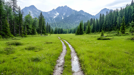 Obraz premium Mountain valley trail, green meadow, scenic hike