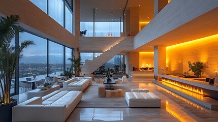Fototapeta premium Modern penthouse living room, city view, sunset, luxury interior design
