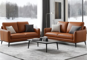 Modern living room interior features a brown leather sofa set, complemented by patterned throw pillows and a sleek black coffee table. A fluffy rug