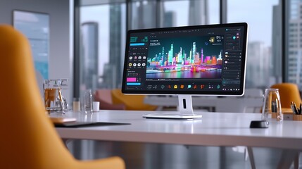 Naklejka premium Modern workspace featuring a computer monitor displaying a vibrant city skyline design, with urban scenery outside