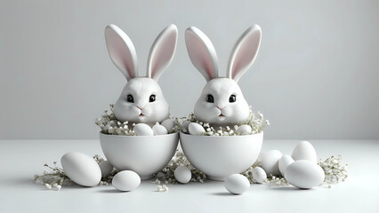 Monochrome white Easter card or invitation. Two figured marble bowls with bunny ears full of natural color eggs