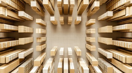 A cutting-edge automated warehouse system powered by AI logistics, top-down view.