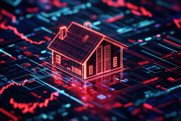 Obraz premium glowing futuristic house design on digital blueprint background