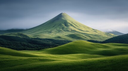 Fototapeta premium Majestic green conical mountain rising above rolling grassy hills under a dramatic cloudy sky with sunlight illuminating the peak.