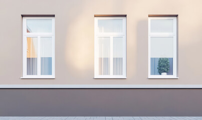 Modern apartment exterior with three windows and potted plant in bright daylight