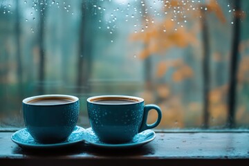 A cozy shot of two coffee cups on a windowsill with raindrops on the glass and a blurred forest outside.