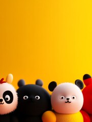 Obraz premium Cuteness overload! Adorable animals in 3D from left to right: Jack Russell Terrier, Panda, Rabbit and Dinosaur. Labels with copy space.