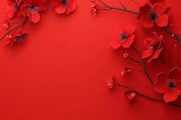Red background, red flowers, a simple and elegant style, a Chinese New Year atmosphere