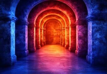 Naklejka premium A dimly lit stone corridor with arched entryways glows with vibrant red and blue hues, creating a mystical and atmospheric scene