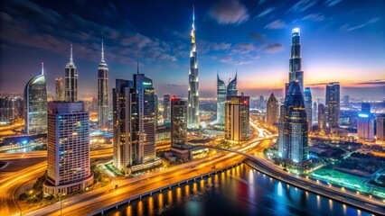 Naklejka premium Nighttime Metropolis A Panoramic View of Illuminated Skyscrapers and Cityscape at Dusk
