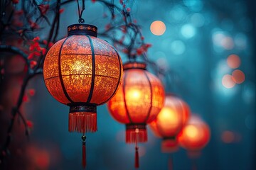 Illuminated lanterns hanging on a tree branch at night.