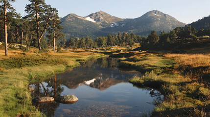 Fototapeta premium Scenic mountain peaks reflecting in a calm river flowing through a green pine forest meadow during a sunny day.