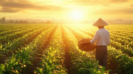 smiling farmer holding rows of peanut plants