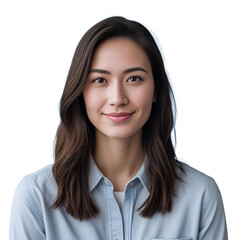"Realistic photo of a student with a neutral or slight smile, facing forward. Solid blue background, even lighting, detailed facial features, hair, and clothing for a lifelike appearance."