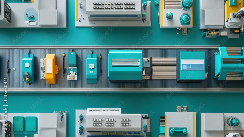 Poster a fully automated power supply manufacturing facility using smart robotics, top-down view.