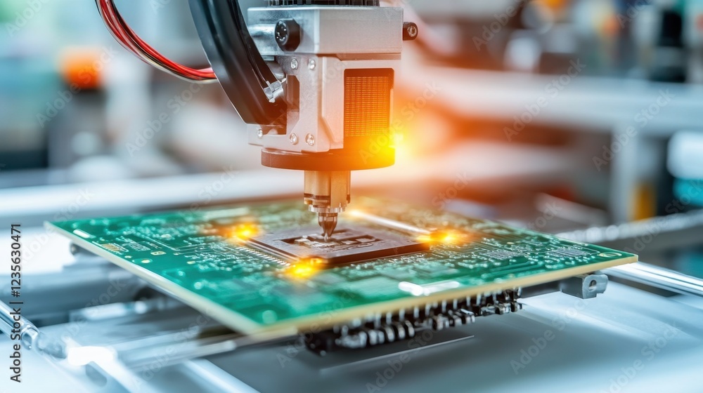 Poster a futuristic d-printed circuit board being designed in a digital lab, top-down view.