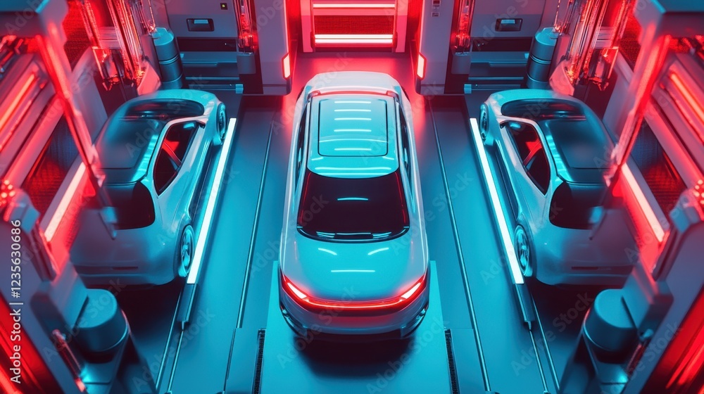 Poster a futuristic auto factory using smart technology for efficient vehicle assembly, top view.