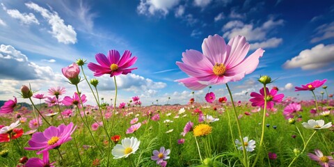 Fototapeta premium Vibrant cosmos flowers sway gently in a lush green field under a clear blue sky with few white clouds, wildflowers, cosmos flower field