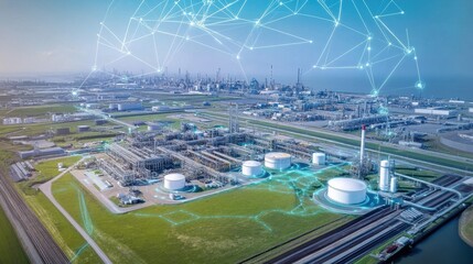 A futuristic holographic interface displaying digital industrial transformation strategies, aerial perspective.