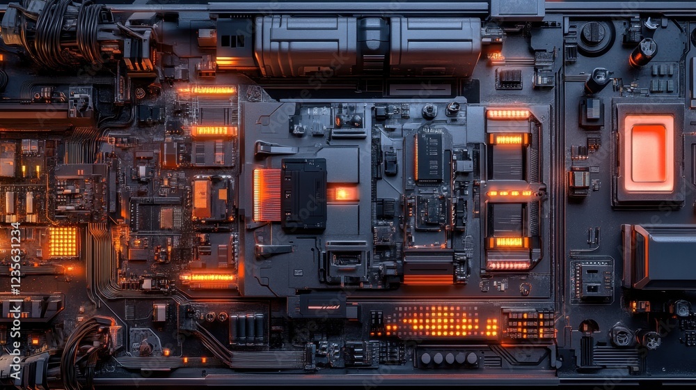 Poster a futuristic pcb assembly line with ai-driven quality control checks, top view.
