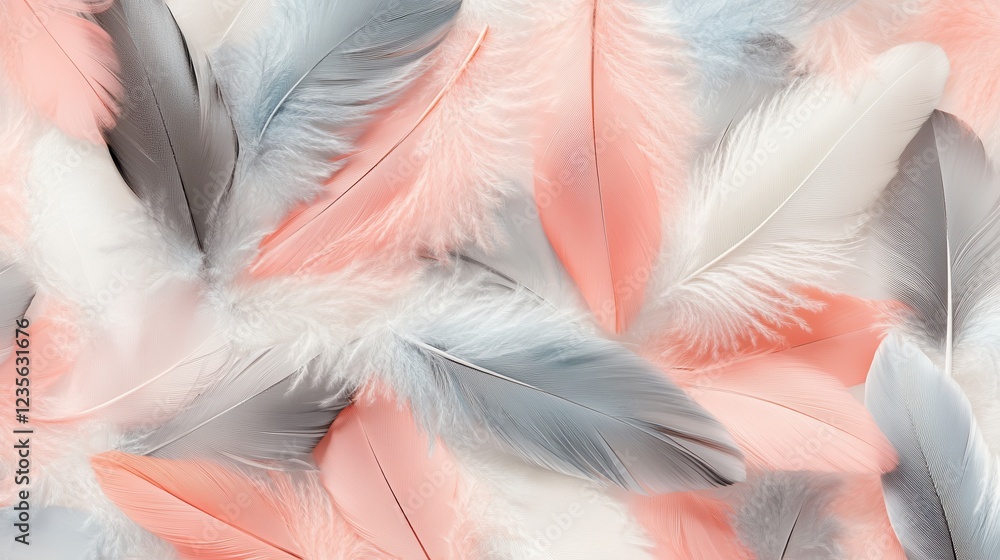 Poster soft pastel pink, gray, and white feathers arranged in an overlapping pattern. close up view of deli