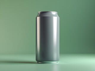A matte gray aluminum can floats weightlessly against a vibrant green background. No labels, just smooth metal reflecting soft light. A minimalist, modern aesthetic with a subtle sense of depth.