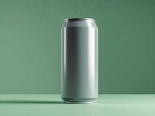 A matte gray aluminum can floats weightlessly against a vibrant green background. No labels, just smooth metal reflecting soft light. A minimalist, modern aesthetic with a subtle sense of depth.
