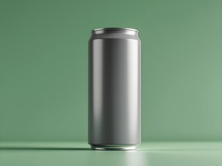A matte gray aluminum can floats weightlessly against a vibrant green background. No labels, just smooth metal reflecting soft light. A minimalist, modern aesthetic with a subtle sense of depth.