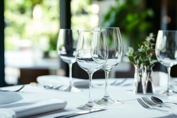 Elegant table setting with three wine glasses, silverware, and napkin at a restaurant.