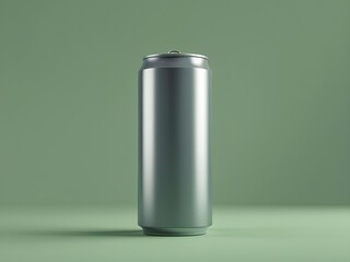 A matte gray aluminum can floats weightlessly against a vibrant green background. No labels, just smooth metal reflecting soft light. A minimalist, modern aesthetic with a subtle sense of depth.