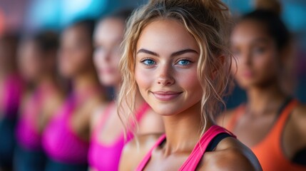 Fototapeta premium A group of women in athletic wear, focused on fitness, with one smiling in the foreground, showcasing a vibrant and energetic atmosphere.