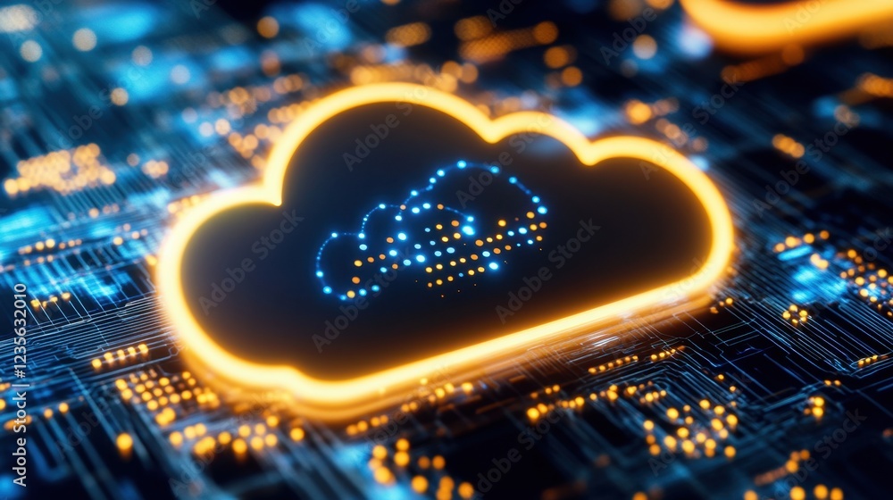 Poster a modern cloud computing data center with glowing servers and ai-driven analytics, aerial view.