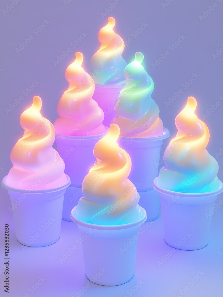 Poster colorful illuminated ice cream cones arranged in a playful display against a soft background