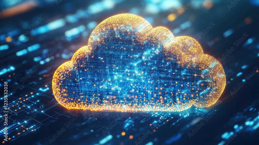 Poster a modern cloud computing data center with glowing servers and ai-driven analytics, aerial view.
