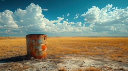 Obraz premium A rusty barrel stands alone in a vast, dry landscape under a bright blue sky filled with fluffy clouds.