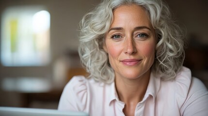 Professional high-quality photograph depicting a serious woman in softscape setting with copyspace on tablet.