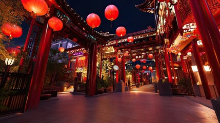 Illuminated pathway with red lanterns and traditional Chinese architecture at night.