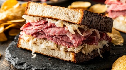 Close up of a delicious pastrami on rye sandwich with sauerkraut, served with potato chips. The sandwich is on a dark stone plate