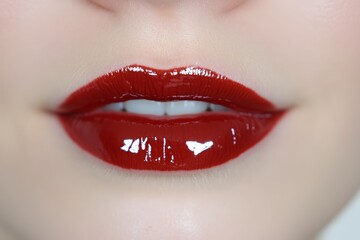 Fototapeta premium Close-up of red lipstick lips on white background with copy space.
