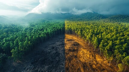 Naklejka premium A striking aerial view contrasting lush green forests with a barren, deforested area, highlighting the impact of environmental change.