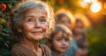 A warm portrait of a smiling elderly woman surrounded by children, bathed in soft golden light, capturing a moment of family love and connection.