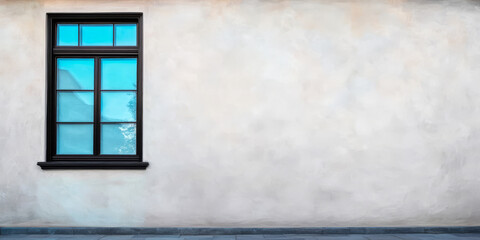 Fototapeta premium Window with blue glass on plain wall in bright daylight