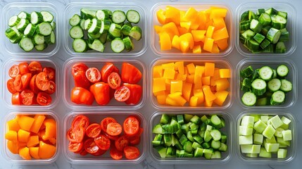 A neat top-down view of fresh-cut vegetables like peppers, cucumbers, and tomatoes in clear containers.