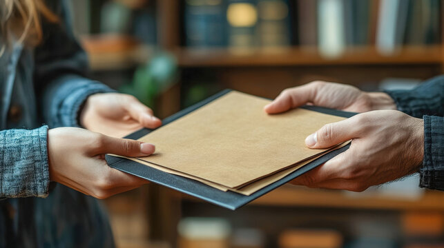 A person hands over a folder containing documents, set against a backdrop of bookshelves, conveying a sense of sharing or collaboration.
