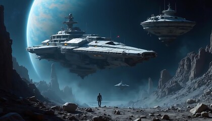 Solitary Figure Awaits Spaceships on Desolate Alien Planet