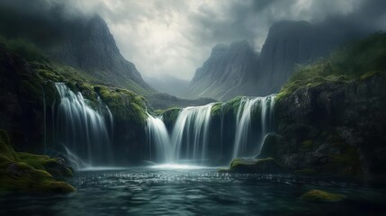 Fototapeta premium Serene waterfall cascading down mossy rocks in a misty mountain valley; nature background for travel/relaxation