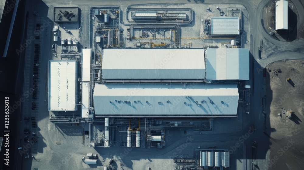 Poster a precision-engineered industrial data center managing cloud-based ai applications, aerial perspecti