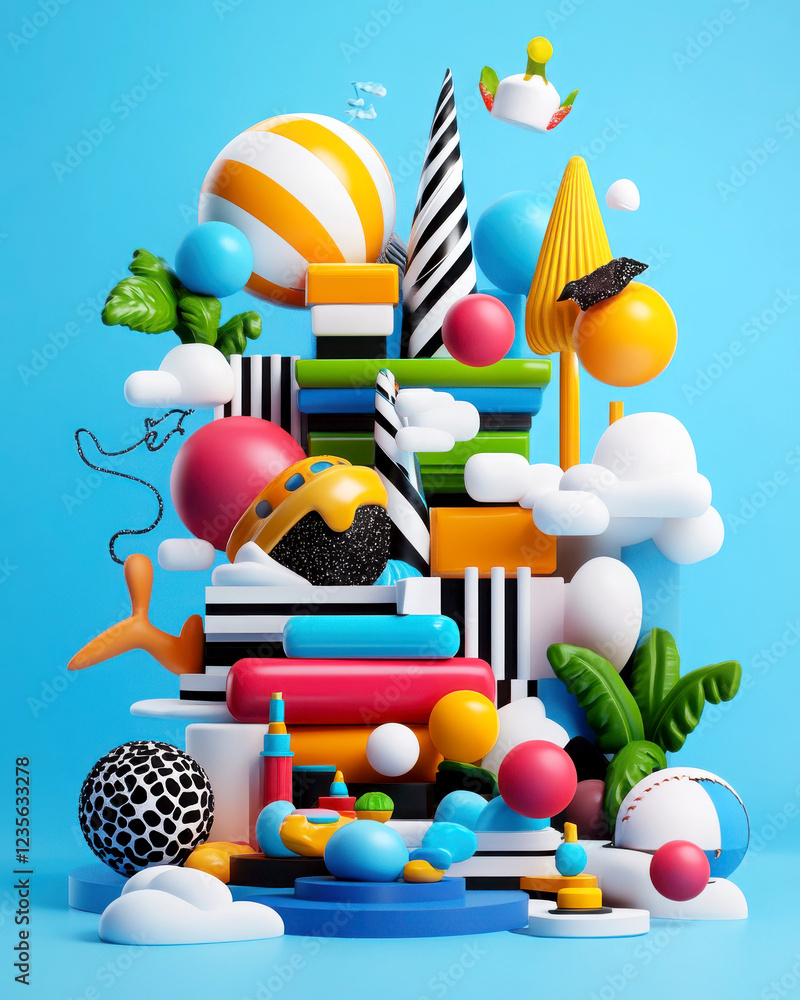 Poster colorful abstract 3d shapes create a playful visual composition.