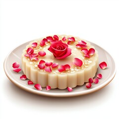 Elegant dessert with rose and petal decoration on a white plate, showcasing intricate details and a delicate presentation
